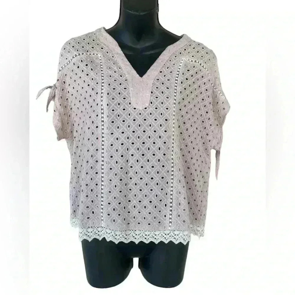 Listicle women’s full crochet V neck shoulder cut-out w/ tie plush pink sz S